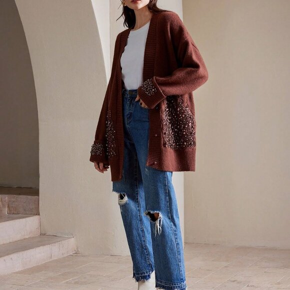 Coffee Brown Sequin and Faix Pearl detailed Women's Oversized sweater Cardigan - Picture 5 of 8